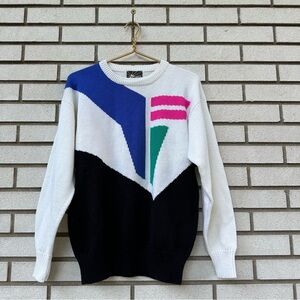 Vintage Tyrolia 80 Colorblock Geometric Sweater Black White Pink Teal Wool Blend